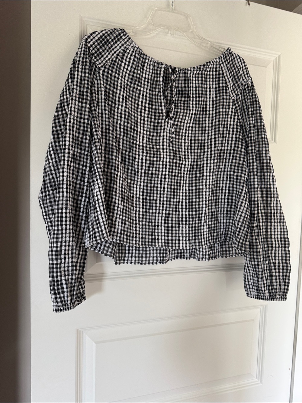 J. Crew Black & White Gingham Peasant Blouse with Front Tie